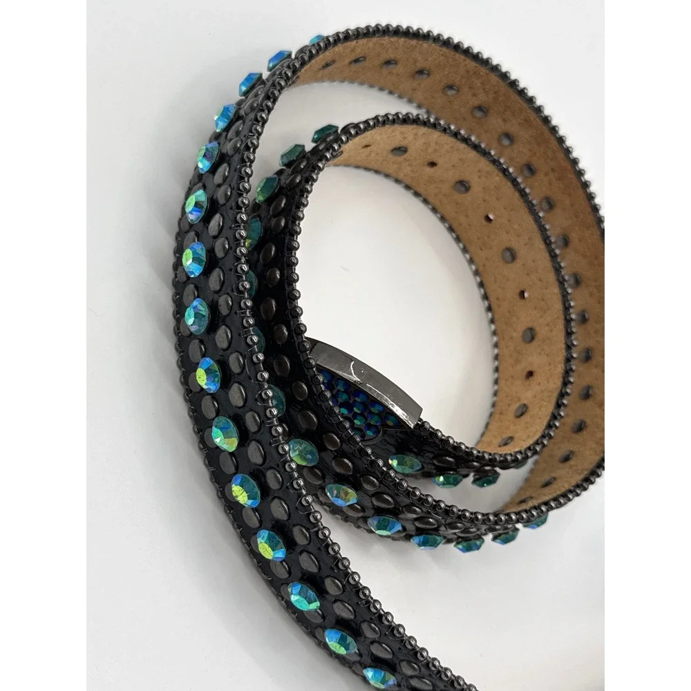 Western Rhinestone Bling Belt Black Genuine Leather Blue AB Crystal Studded XL